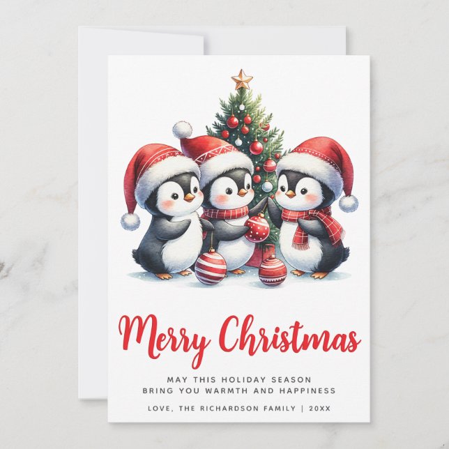Tarjeta Festiva Pingüinos blancos y rojos modernos cutáneos Feliz  (Anverso)