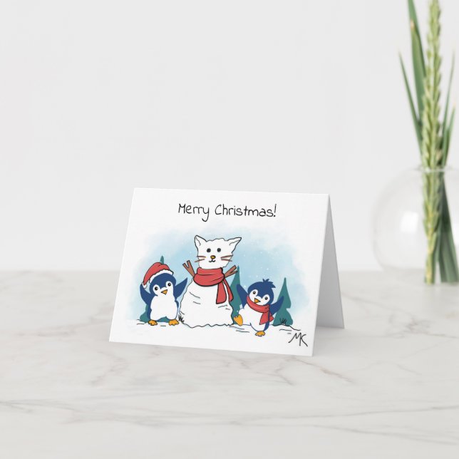 Tarjeta Festiva Pingüinos construyendo un muñeco de nieve de gato  (Anverso)