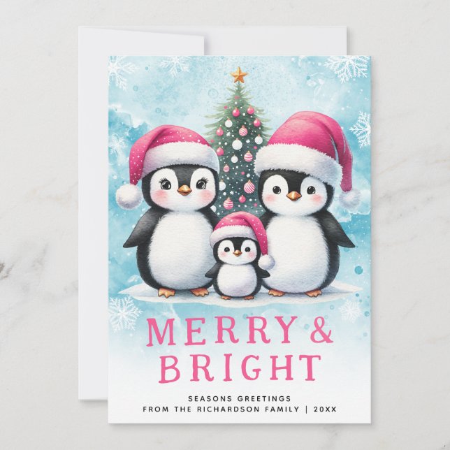Tarjeta Festiva Pingüinos cortos, Navidades moros y rosados brilla (Anverso)