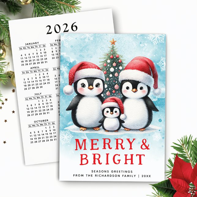 Tarjeta Festiva Pingüinos cortos Navidades rojos moros y azules br (Cute Penguins Family Christmas Card with Merry and Bright Greetings and 2026 Calendar)