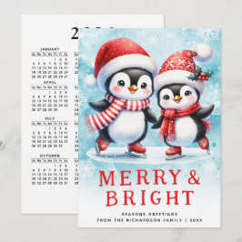 Tarjeta Festiva Pingüinos Cuesos Navidades morales rojos y azules