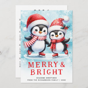 Tarjeta Festiva Pingüinos Cuesos Navidades morales rojos y azules 