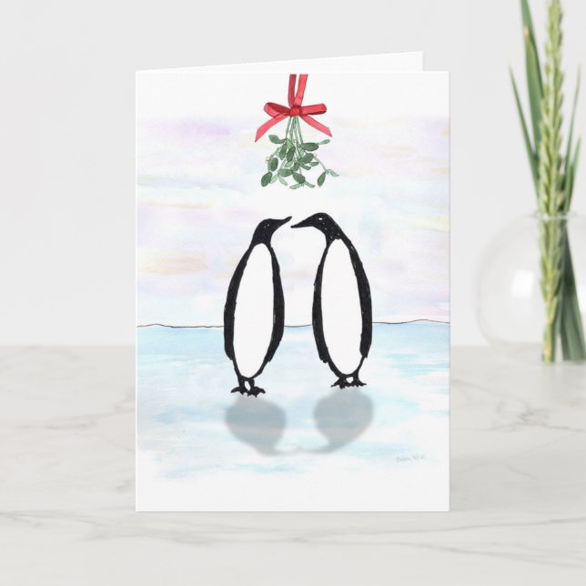 Tarjeta Festiva Pingüinos de la acuarela con el muérdago del día (Anverso)