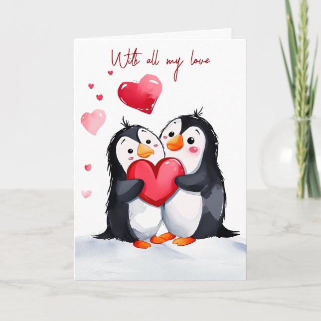 Tarjeta Festiva Pingüinos De San Valentín Con Corazón Rojo (Anverso)