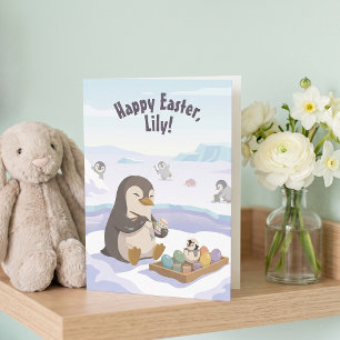 Tarjeta Festiva Pingüinos decorando huevos de Pascua Pascua pers
