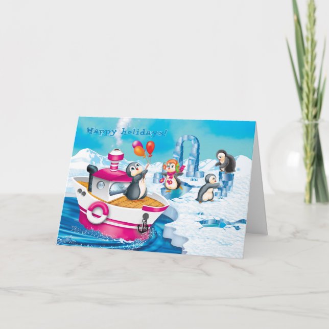 Tarjeta Festiva pingüinos en la Antártida (Anverso)