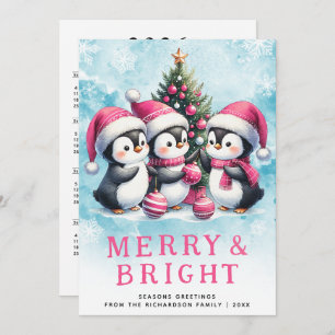 Tarjeta Festiva Pingüinos, moros y brillantes Navidades rosas