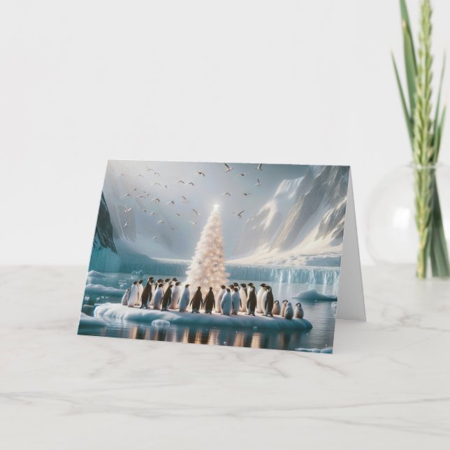 Tarjeta Festiva Pingüinos navidades alrededor de un árbol blanco (Anverso)
