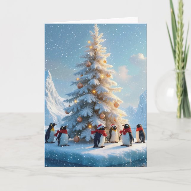 Tarjeta Festiva Pingüinos reunidos alrededor de un árbol de Navida (Anverso)