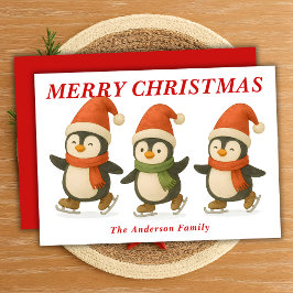 Tarjeta Festiva Pingüinos singulares Navidades de patinaje sobre h