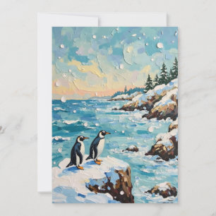 Tarjeta Festiva Pingüinos Vintage en Acantilado Navideño Costero N