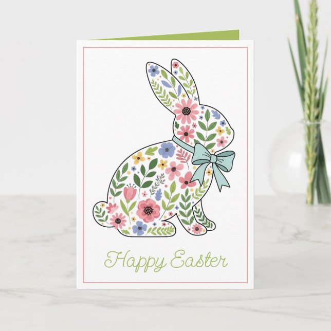 Tarjeta Festiva Pink and Blue Wildflower Easter Rabbit (Anverso)