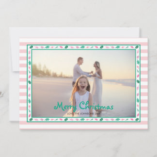 Tarjeta Festiva Pink and Green Holly Leaves Border Family Photo