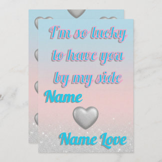 Tarjeta Festiva Pink Blue Gradient 3D Silver Hearts Valentine Card