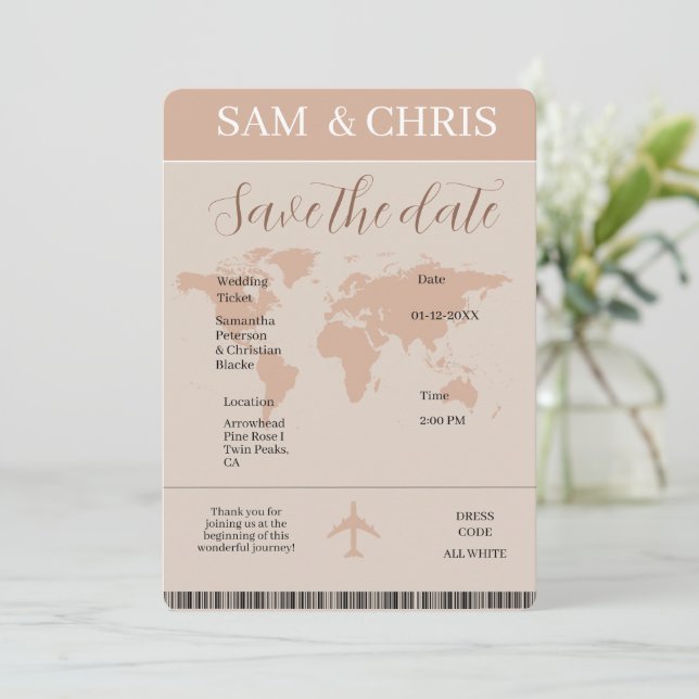 Tarjeta Festiva Pink Boarding Pass Wedding Invitation Map (Anverso de pie)