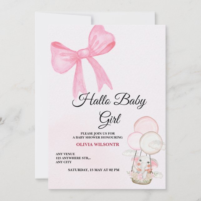 Tarjeta Festiva Pink Bow Baby Girl Shower Invitation (Anverso)