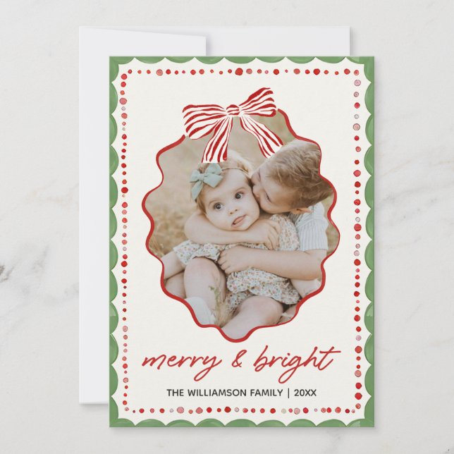Tarjeta Festiva Pink Bow Family Photo Christmas Holiday Card (Anverso)