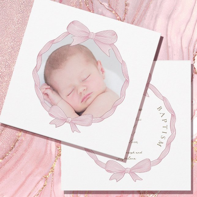 Tarjeta Festiva pink bow frame Baptism small thank you card (Subido por el creador)