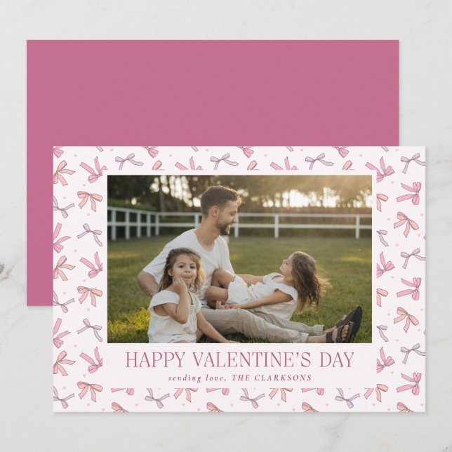 Tarjeta Festiva Pink Bows One Photo Valentine’s Day Card (Anverso / Reverso)