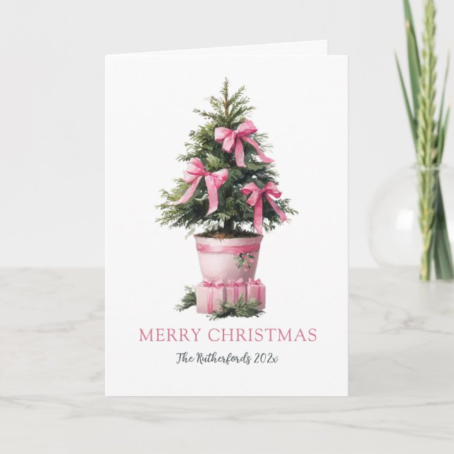 Tarjeta Festiva Pink Bows Tree Merry Christmas Card (Anverso)