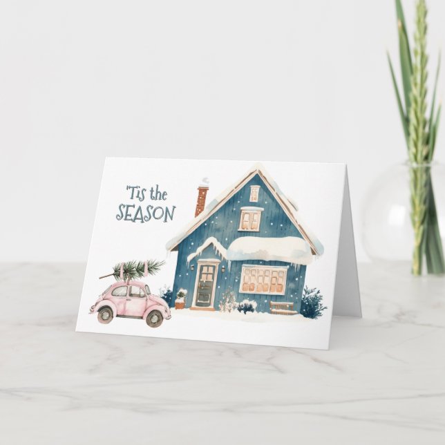 Tarjeta Festiva Pink Bug Car Brings the Tree Christmas (Anverso)