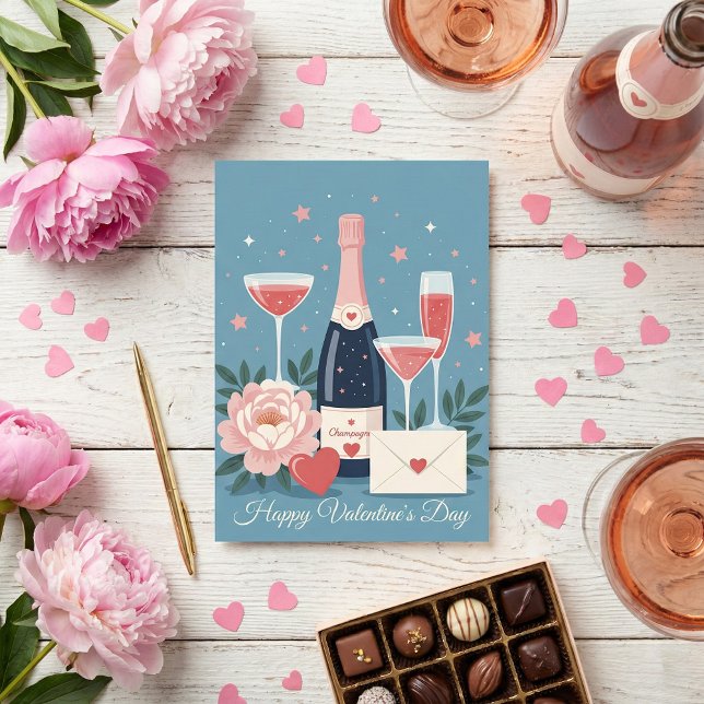 Tarjeta Festiva Pink Champagne Hearts Romantic Valentine's Day (Subido por el creador)