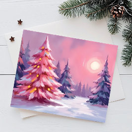 Tarjeta Festiva Pink Christmas Trees Pastel Winter Watercolor