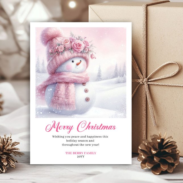 Tarjeta Festiva Pink coquette snowman kids card editable instant (Pink coquette snowman kids card editable instant)
