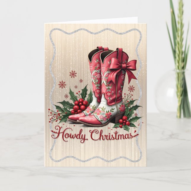 Tarjeta Festiva Pink Cowboy Boots with Holly (Anverso)