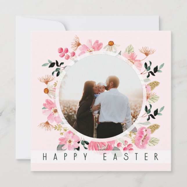 Tarjeta Festiva Pink de primavera floral agrega tu foto feliz Pasc (Anverso)