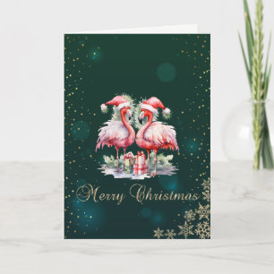 Tarjeta Festiva Pink Flamingos Presenta Copos de Nieve Navideños