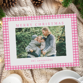 Tarjeta Festiva Pink Gingham Christmas Photo