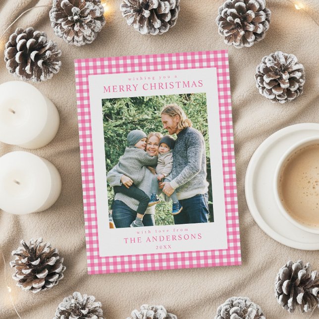 Tarjeta Festiva Pink Gingham Christmas Photo (Subido por el creador)