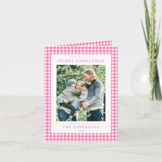Tarjeta Festiva Pink Gingham Christmas Photo (Anverso)