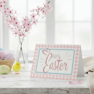 Tarjeta Festiva Pink Gingham Cute Happy Easter Personalizado