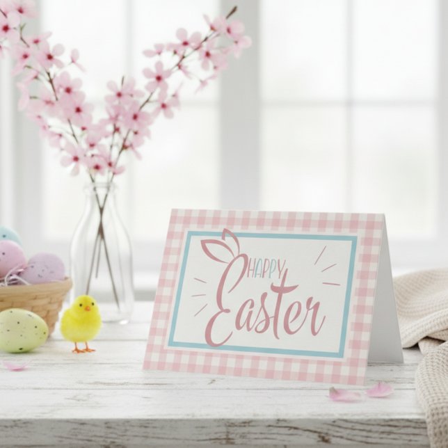 Tarjeta Festiva Pink Gingham Cute Happy Easter Personalizado (Pink Gingham Cute Happy Easter Custom Holiday Card)