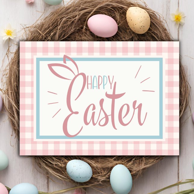 Tarjeta Festiva Pink Gingham Cute Happy Easter Personalizado (Pink Gingham Cute Happy Easter Custom Holiday Card)