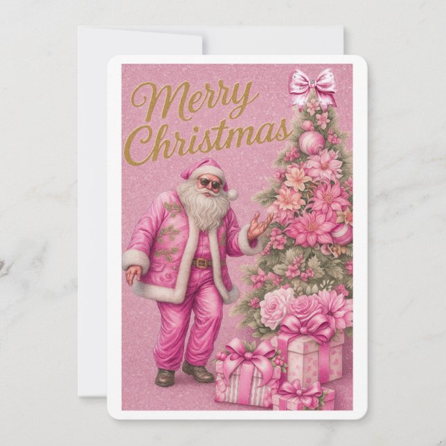 Tarjeta Festiva Pink Glitter Santa & Christmas Tree Holiday Card (Anverso)