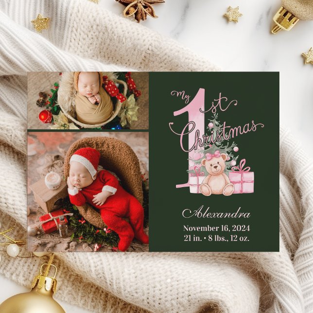Tarjeta Festiva Pink Green Baby First Christmas 2 Photo   (Subido por el creador)