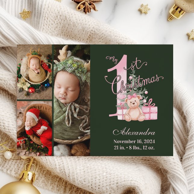 Tarjeta Festiva Pink Green Baby First Christmas 3 Photo   (Subido por el creador)
