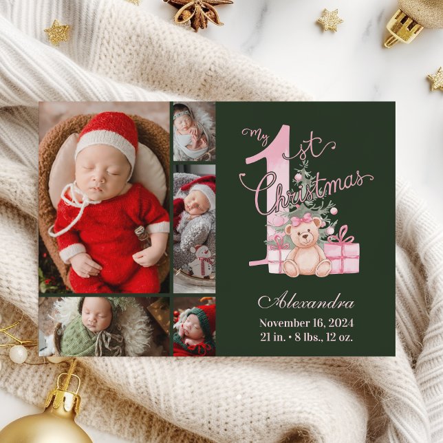 Tarjeta Festiva Pink Green Baby First Christmas 5 Photo   (Subido por el creador)