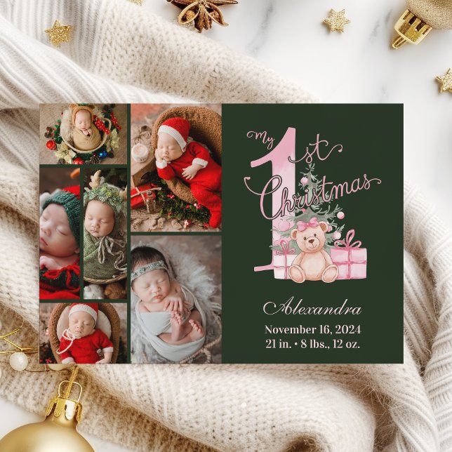 Tarjeta Festiva Pink Green Baby First Christmas 6 Photo   (Subido por el creador)