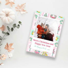 Tarjeta Festiva Pink & Green Nutcracker Custom Christmas Photo