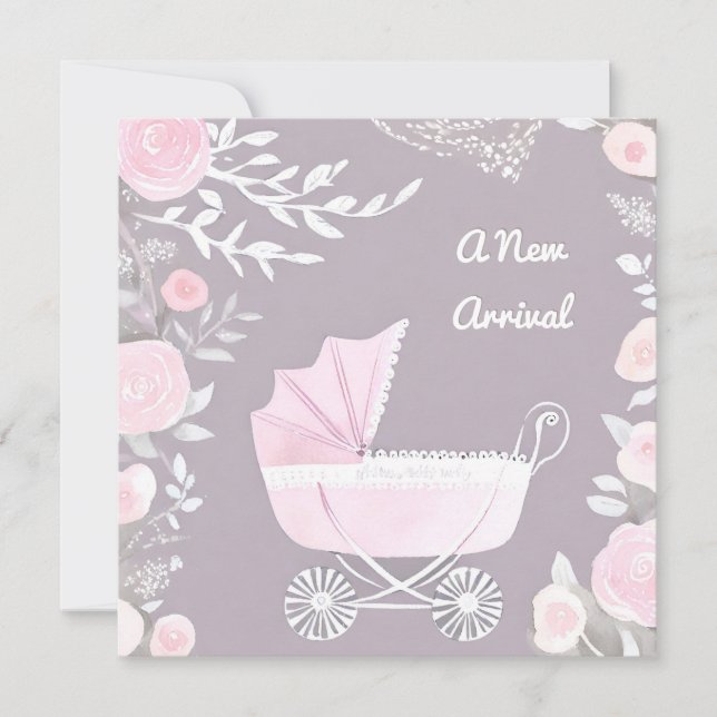 Tarjeta Festiva Pink Lilac Nueva Bonito de llegada Pram Cute Baby  (Anverso)