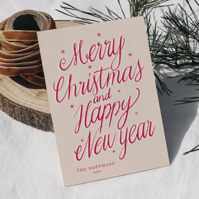 Tarjeta Festiva Pink Merry Christmas and Happy New Year signature (Subido por el creador)