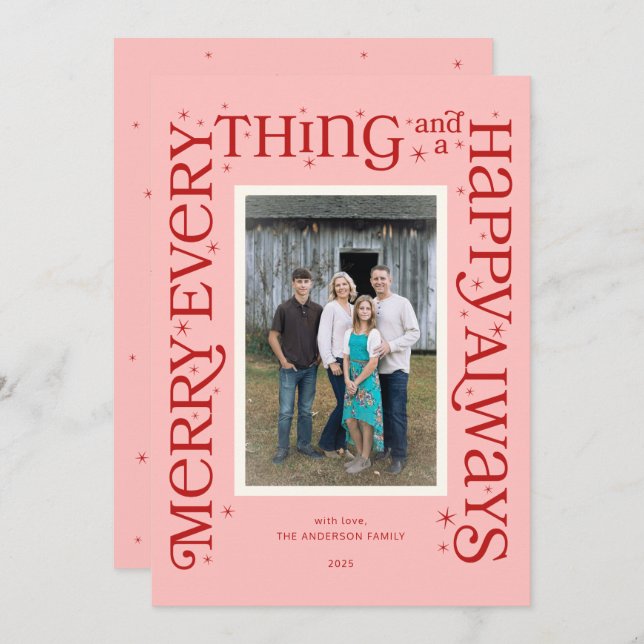 Tarjeta Festiva Pink Merry Everything and a Happy Always (Anverso / Reverso)