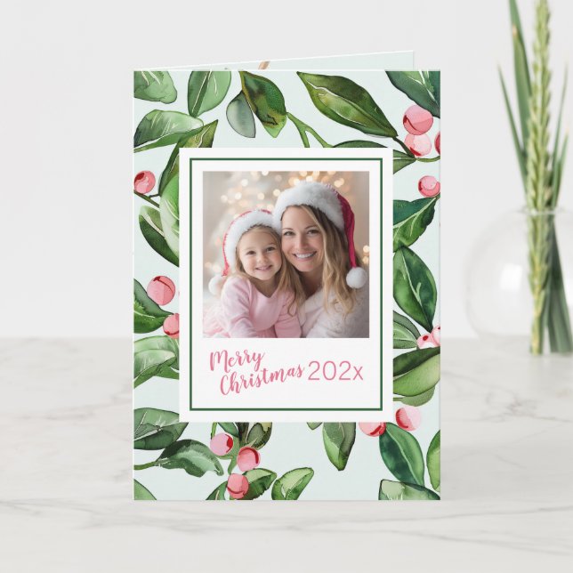 Tarjeta Festiva Pink Mistletoe Merry Christmas Photo Card (Anverso)