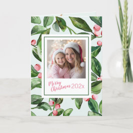 Tarjeta Festiva Pink Mistletoe Merry Christmas Photo Card