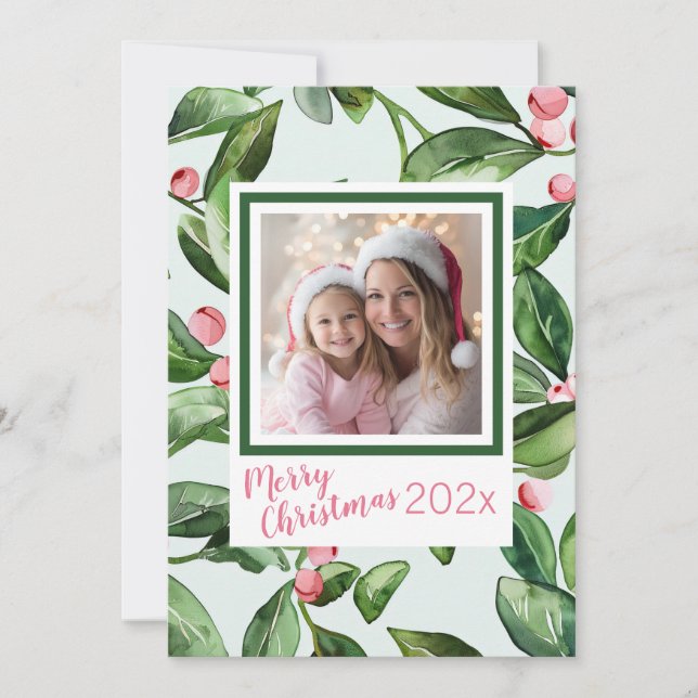 Tarjeta Festiva Pink MistletoPhoto Merry Christmas Card (Anverso)