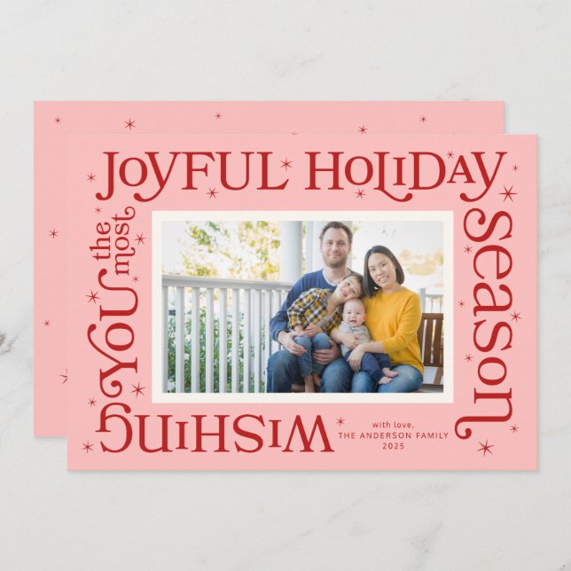 Tarjeta Festiva Pink Most Joyful Holiday Season Holiday Card (Anverso / Reverso)